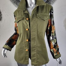 $285~HISTORY REPEATS~M/42~GREEN CAMO ORANGE BLACK SEQUIN MILITARY JACKET COAT picture