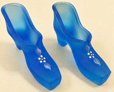 T10128-2 Vintage Fenton Blue Satin Glass Slipper Shoe Hand Painted D Gombos 1980 picture
