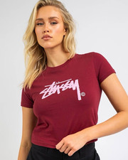 🍷Stüssy AU Shadow Stock Slim T-Shirt Burgundy Women’s Size: 8/S Cropped NEW picture