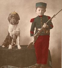 ww1 War dog French Bulldog helmet child Soldier WW1 original RPPC 1915 picture