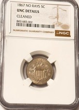 1867 No Rays Shield Nickel NGC Uncirculated Details Cleaned picture