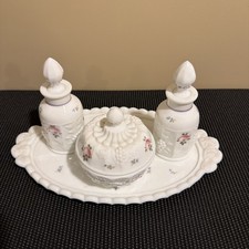 Beautiful Vtg Westmoreland Milk Glass Paneled Roses, Bows Grapes Dresser Set picture