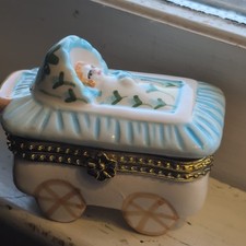 Limoges France Peint Main Baby Carriage Vtg Trinket Pill Ring Box Porcelain Gold picture