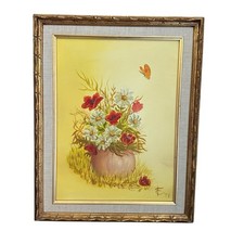VTG 1977 Oil Painting 15x19 Inch Canvas Still Life Red White Flowers Vase Signed picture