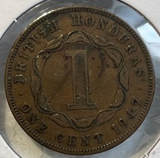 1947 British Honduras, Belize 1 Cent Extra Fine XF Rare Low Mintage Only 100,000 picture