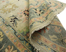 Sage Green Oushak Rug 8x10, Blue Border Turkish Wool Rug, Hand Knotted Vintage picture