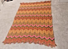 VTG 70s Crochet Afghan Blanket Chevron Ripple Fringe Earth Tone Pink Orange Boho picture