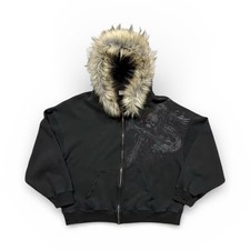Y2K Black Full Zip Fur Hoodie Oversized Grunge Goth Streetwear Cyber Hoodie picture