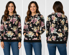 Lildy Pullover Hoodie Women's M Black Polyester Floral Kangaroo Pocket Stretch picture