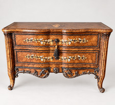 Antique Rococo Style Bombe Chest Dresser Commode Floral Marquetry Inlay picture