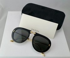 Gucci GG0307S 56mm Foldable Aviator Sunglasses with Grey Lens Gold Arms Crystals picture