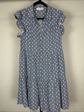 Lucky Brand Teal Geo Floral Tile Print Button Front Tiered Shirtdress M picture