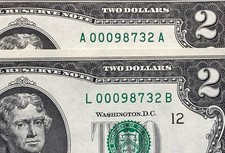 AMAZING MATCHING SERIAL NUMBER $2 DOLLAR PAIR (2017A BOSTON & SAN FRANCISCO) UNC picture