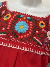Authentic Mexican Puebla Hand Embroidered Hippie Folk Festival Red Blouse Top S picture