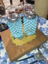 PAIR Of VTG Fenton Blue Opalescent 3 1/8'H Hobnail Glass Salt & Pepper Shakers picture