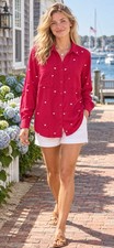 Talbots Women's Pink Heart Print Button Down Shirt Long Sleeve Pockets L picture