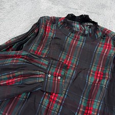 J.Crew Plaid Blouse Womens 3X Black Red Green Excellent Ruffle Neck Puff Sleeve picture