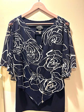 Joseph Ribkoff Signature Women's 12 Navy White Floral V-Neck 3/4 Sleeve Blouse picture