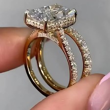 4.90 Ct Radiant-Cut EF/VS1 Lab Grown Diamond Engagement Ring Set 14k Yellow Gold picture