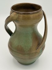 Vintage Arthur Ray Cole NC Pottery 6” Swirl Handle Vase Green Brown Art Pottery picture