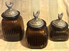 Set of 3 Artland Apothecary Amber Ribbed  Jar Canister w/Rooster Pewter Lids picture