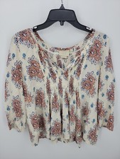Vanessa Virginia Top Womens 6 Ivory Floral Long Sleeve Pleated Flowy Boho Blouse picture