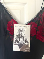 Vintage 90’s Betsey Johnson Women's Size 8 Black/Red Floral Lace Trim Slip Dress picture