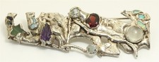 Artisan Sterling Silver Modernist Brutalist Multi Gemstone Brooch Pin w/ Opal picture
