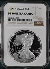 1999-P American Silver Eagle 1 Oz PF70 UCAM NGC Brown Label picture