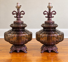 Vintage Pair Hollywood Regency Smoked Glass Table Lamps Ornate Metal Bases  picture