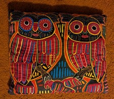 Vintage Kuna Mola Predatory Owls Handmade Textile Pillow 16x13 picture