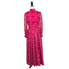 VTG 1960's Printed Chiffon Gown Pink Psychedelic Swirls Long Sleeves picture