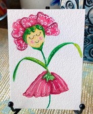 aceo original art, signed, Maroon Flox pink dancing flower girl   2.5 