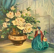 VTG Jerry Quier Signed Still Life Roses Vase Figurine Oil Canvas Painting 20x24” picture