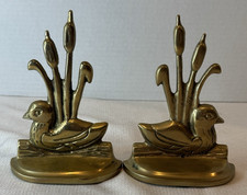 Vintage MCM Heavy Brass Duckling Bookends Featuring Ducks & Cattails Rustic picture