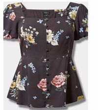 Torrid Womens Plus Size 2 Gray Floral Square Neck Peplum Puff Blouse picture