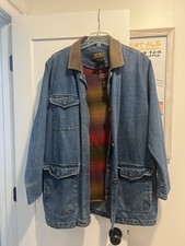 VTG Eddie Bauer Denim Jacket Mens L Chore Coat Corduroy Collar 90s Barn liner picture