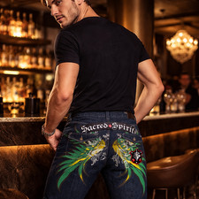 Vintage Y2K Raw Blue Sacred Spirit Wings Denim Jeans Collectible picture