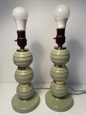 Vtg MCM Pair Royal Maruni 309 Lamps Stacked Spherical Ball Gold Rings Sage Green picture
