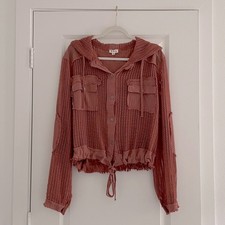 POL Hoodie Top Loose Net Boho Button Up Shirt Jacket Rust Eclectic picture