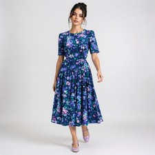Vintage 80's E.D. Michaels Long Purple Pink Navy Floral Cottagecore Dress 8 picture