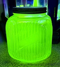 Vintage 1930s Uranium Green Glass Cookie Jar Canister Green Ribbed UV Glows picture