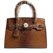 Mellow World Satchel Bag Brown Ostrich Crocodile Embossed Vegan Leather Handbag picture
