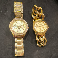 Lot 2 Retro Fossil & Express Chunky Heavy Womens Gold-Tone Watches Analog Quartz picture