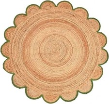 Rug Round Jute Scallop Design Natural Floors Rug Beige With Green Handmade picture