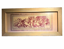 Vintage Framed Cherub & Angel Landscape Print on Paper, Wood Frame picture