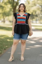 Bloomchic Plus Size Black Top with Colorful Crochet Detail picture