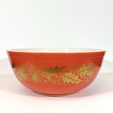 Vintage 1960 Pyrex Golden Leaf #404 4 Qt Red Gold Holly Pine Cone Mixing Bowl picture