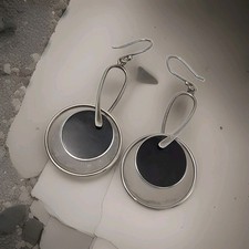 VTG Taxco Mexico ATI 925 Sterling Silver Modernist Blk Onyx Disc Dangle Earrings picture