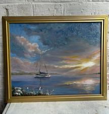 Sophie Dare Original Art 12x16 Oil painting  Sailboat at Dawn in Gold Frame picture